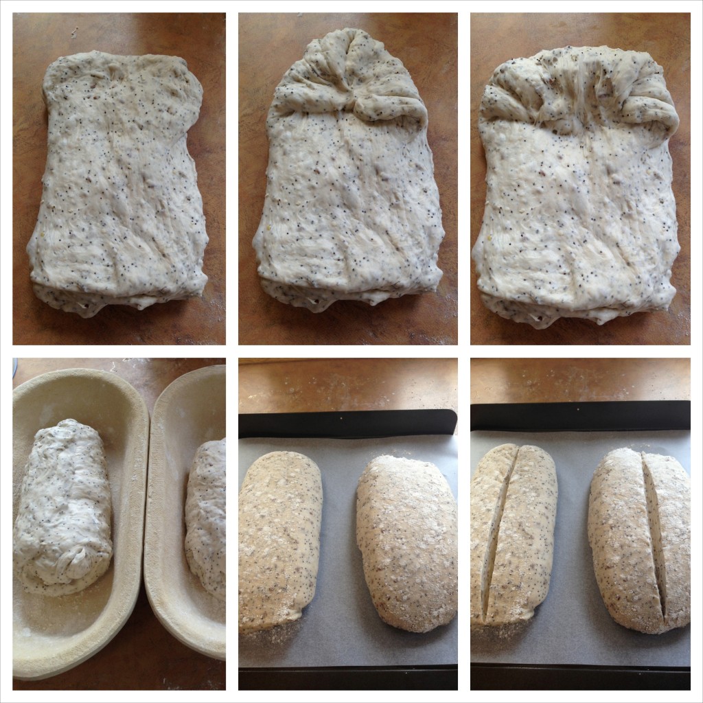 Folding the dough to form loaves. I used kaipseeds in this mix which explains the grains!